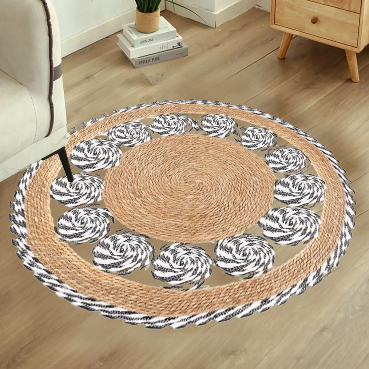 A circular straw mat decorated with a traditional design for floors ...