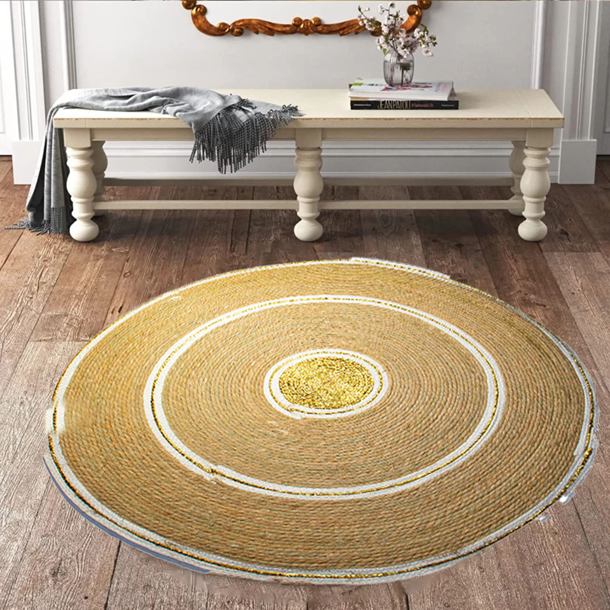 A circular straw mat with a traditional design for floors and tables ...